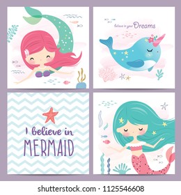 Set of mermaid and marine life greeting cards design