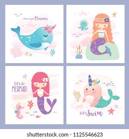 Set of mermaid and marine life greeting cards design