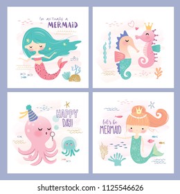 Set of mermaid and marine life greeting cards design