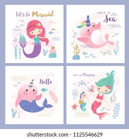 Set of mermaid and marine life greeting cards design