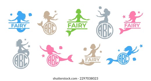 Set of mermaid with monogram. Kids name monogram. Funny mermaid in different poses. Mythical tale characters in water black symbol. Beautiful siren