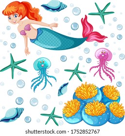 Set of mermaid and sea animal cartoon character on white background illustration