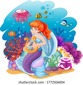 Set of mermaid and sea animals cartoon style on under sea background illustration