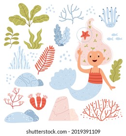 
Set with Mermaid and seaweed.Set with seaweed and stones.Illustration for children's book.