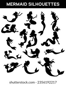 Set of  mermaid silhouettes, Black collection vector illustration
