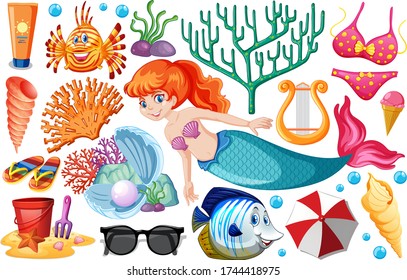 Set of mermaid and summer icon cartoon on white background illustration