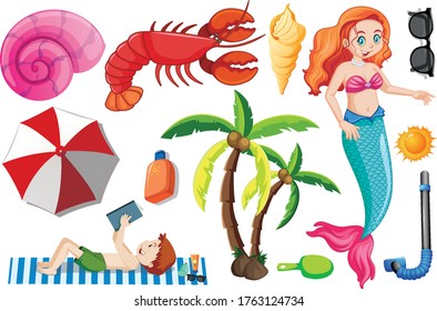 Set of mermaid and summer icon cartoon style on white background illustration