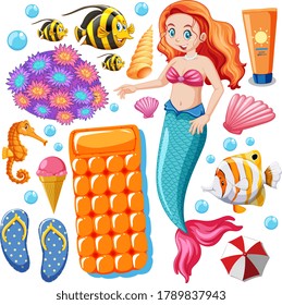 Set of mermaid and summer icon cartoon character on white background illustration