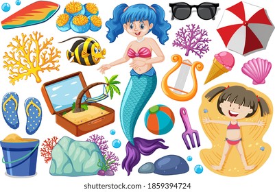 Set of mermaid and summer icon cartoon style on white background illustration