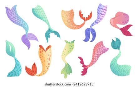 Set of mermaid tail for costume or cosplay with different colors vector illustration isolated on white background