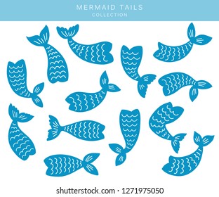 Set of mermaid tails silhouettes. Hand drawn flat marine elements. Vector illustrations isolated on white background.