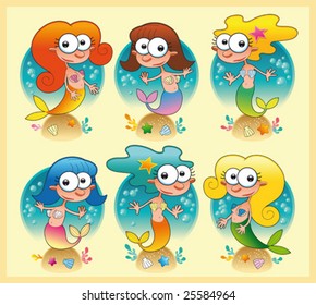 Set of mermaids with background