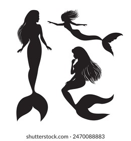 A set of mermaids in black and white. Vector illustration. A collection of silhouettes.