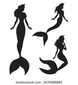A set of mermaids in black and white. Vector illustration. A collection of silhouettes.