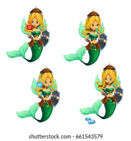Set of mermaids broke the magic scepter isolated on white background. Vector cartoon close-up illustration.