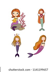 Set with mermaids in cartoon style