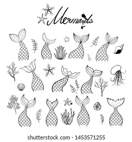 Set mermaids collection drawn, vector 