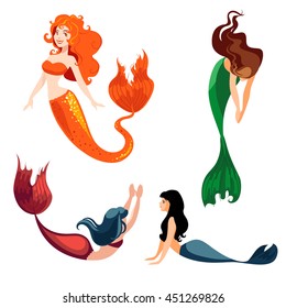 Set of mermaids isolated on white background. Mermaids in a cartoon style. Vector illustration.