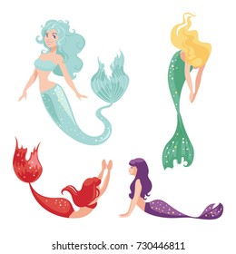 Set of mermaids isolated on white background. Fantasy sea sirens in cartoon style. Vector illustration.