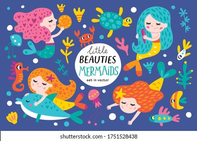 Set with mermaids and ocean creatures for girl. Vector isolated illustrations on a dark background.