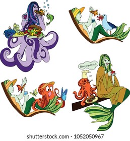 Set of mermaids with pets on summer vacation. Cartoon characters, pets, colored, set