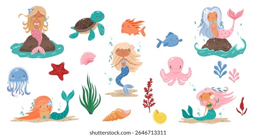 Set of mermaids and sea dwellers