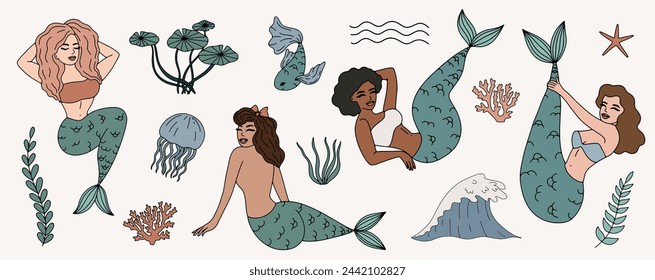 Conjunto de sirenas y elementos marinos en estilo retro. Personajes vintage de dibujos animados