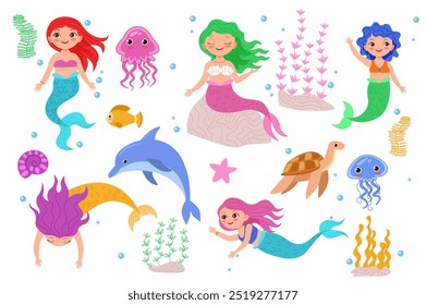 Set of mermaids and seaweed in flat cartoon design. Colorful artwork featuring mermaids, dolphins and a variety of sea creatures including jellyfish and sea turtles. Vector illustration.