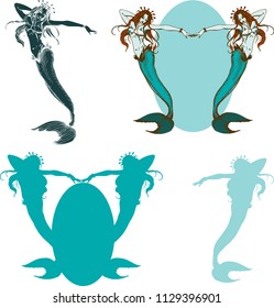 Set with mermaids and silhouette. Ink vector illustration. Colorful mermaid.
