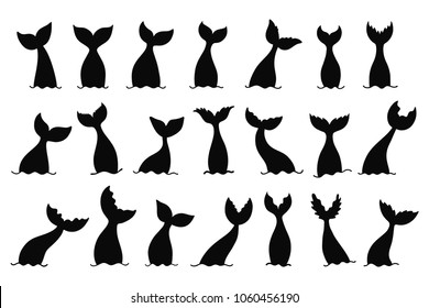 Set of  mermaid's tail silhouettes. Hand drawn marine elements. Vector illustration isolated on white background.