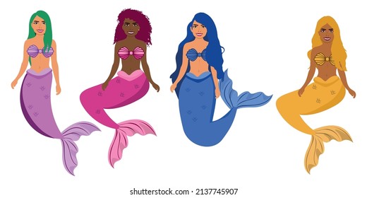 set of mermaids of various nationalities, mermaids with colored tails and hair.