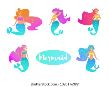 Set with mermaids. Vector. Cartoon. Isolated art on white background. Flat