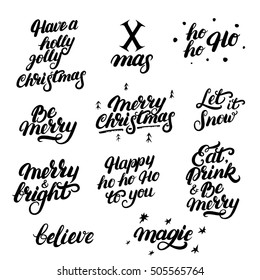 Set of Merry Christmas 2017 wishes handwritten lettering with handdrawn design elements. Merry Christmas quotes. Modern brush calligraphy for xmas card, poster, photo overlays. Vector illustration.