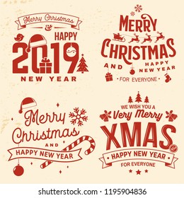 Set of Merry Christmas and 2019 Happy New Year stamp, sticker set with snowflakes, hanging christmas ball, santa hat, candy. Vector. Vintage typography design for xmas, new year emblem in retro style.