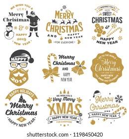 Set of Merry Christmas and 2019 Happy New Year stamp, sticker set with snowflakes, snowman, santa claus, candy, sweet candy, cookies. Vector. Vintage typography design for xmas, new year emblem.