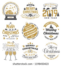 Set of Merry Christmas and 2019 Happy New Year stamp, sticker set with snowflakes, hanging christmas ball, santa hat, candy. Vector. Vintage typography design for xmas, new year emblem in retro style.
