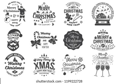 Set of Merry Christmas and 2019 Happy New Year stamp, sticker Set quotes with snowflakes, snowman, santa claus, candy, sweet candy, cookies. Vector. Vintage typography design for xmas, new year emblem