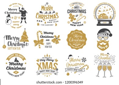 Set of Merry Christmas and 2019 Happy New Year stamp, sticker Set quotes with snowflakes, snowman, santa claus, candy, sweet candy, cookies. Vector. Vintage typography design for xmas, new year emblem
