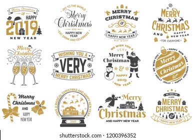 Set of Merry Christmas and 2019 Happy New Year stamp, sticker Set quotes with snowflakes, snowman, santa claus, candy, sweet candy, cookies. Vector. Vintage typography design for xmas, new year emblem