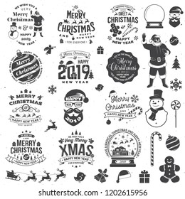 Set of Merry Christmas and 2019 Happy New Year stamp, sticker Set quotes with snowflakes, snowman, santa claus, candy, sweet candy, cookies. Vector. Vintage typography design for xmas, new year emblem