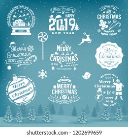 Set of Merry Christmas and 2019 Happy New Year stamp, sticker Set quotes with snowflakes, snowman, santa claus, candy, sweet candy, cookies. Vector. Vintage typography design for xmas, new year emblem