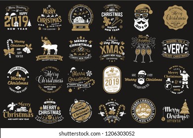Set of Merry Christmas and 2019 Happy New Year stamp, sticker Set quotes with snowflakes, snowman, santa claus, candy, sweet candy, cookies. Vector. For christmas and new year greeting cards, emblem