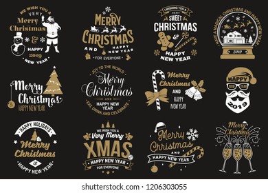 Set of Merry Christmas and 2019 Happy New Year stamp, sticker Set quotes with snowflakes, snowman, santa claus, candy, sweet candy, cookies. Vector. For christmas and new year greeting cards, emblem