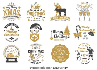 Set of Merry Christmas and 2019 Happy New Year stamp, sticker Set quotes with snowflakes, snowman, santa claus, candy, sweet candy, cookies. Vector. Vintage typography design for xmas, new year emblem