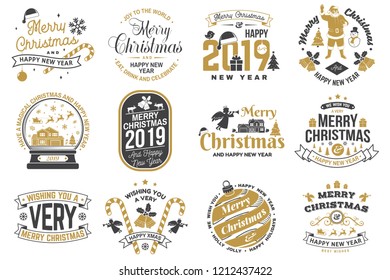 Set of Merry Christmas and 2019 Happy New Year stamp, sticker Set quotes with snowflakes, snowman, santa claus, candy, sweet candy, cookies. Vector. Vintage typography design for xmas, new year emblem