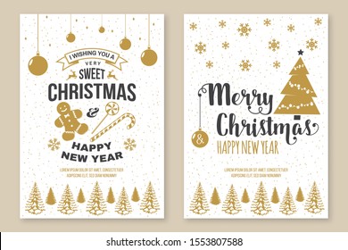 Set of Merry Christmas and 2020 Happy New Year poster, flyer, greeting cards. Set quotes with snowflakes, candy, sweet candy, cookies, gift, ball. Vector. Vintage design for xmas, new year emblem