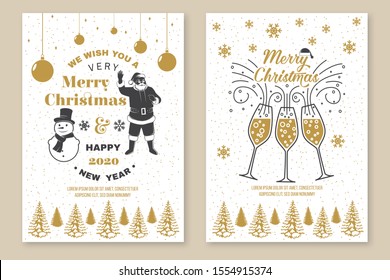 Set of Merry Christmas and 2020 Happy New Year poster, flyer, greeting cards. Set quotes with snowflakes, snowman, champagne glasses and Santa Claus. Vector. Design for xmas, new year emblem