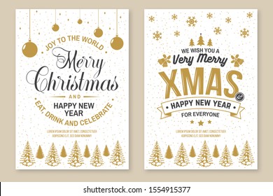Set of Merry Christmas and 2020 Happy New Year poster, flyer, greeting cards. Set quotes with holly, berry, christmas tree, bell. Vector illustration. Design for xmas, new year emblem in retro style.
