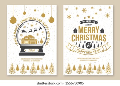 Set of Merry Christmas and 2020 Happy New Year poster, flyer, greeting cards. Set quotes with snowflakes, santa claus, snow globe, christmas ball. Vector. Typography design for xmas, new year emblem