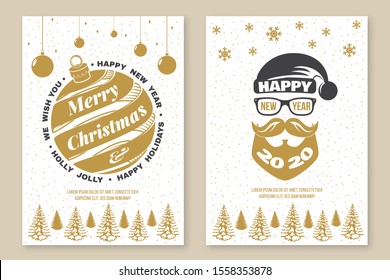 Juego de Afiches de Feliz Navidad y Feliz Año Nuevo 2020, volante, tarjetas de felicitación. Ponemos citas con copos de nieve, santa claus, regalo, baile de Navidad. Vector. Diseño de tipografía de época para Navidad, emblema de año nuevo